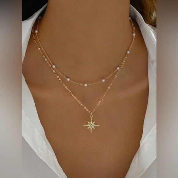 Gold 1pc Faux Pearl Star Rhinestone Layered Necklace - Picture 1 of 2